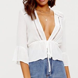 PLT cheesecloth plunge tie waist blouse